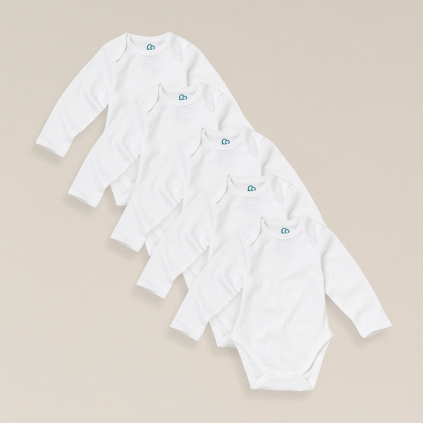 Organic Cotton Long Sleeve Baby Bodysuit - 5 Pack - White