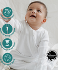 Baby in white sleepsuit with icons that say:
- Designed to last
- Made for easy changes
- Better value over time
- Built to come back