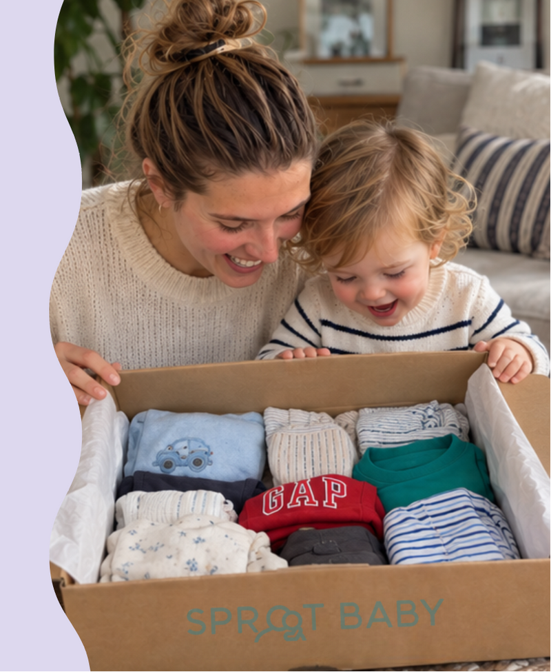 Mum and child look at box of clothes